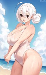  ahoge bare_shoulders beach blue_sky blush breasts brown_eyes cleavage cloud competition_swimsuit covered_navel curvy day double_bun english_commentary female hair_between_eyes hair_bun highleg highleg_swimsuit highres huge_breasts iwbitu long_hair looking_at_viewer nyopu ocean one-piece_swimsuit open_mouth original outdoors shirt shore single_hair_bun sky smile solo swimsuit thick_thighs thighs water wet white_hair white_one-piece_swimsuit white_shirt 