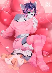  anthro black_nose canid canine canis clothing domestic_dog femboy footwear furniture heart_symbol hi_res husky male mammal nordic_sled_dog pink_clothing pink_footwear pink_socks pink_sofa plushie rikitoka shiro_(shirodog) socks sofa solo spitz 