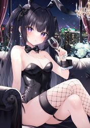  animal_ears bare_shoulders black_bow black_bowtie black_hair black_leotard black_wrist_cuffs blush bow bowtie breasts candle chandelier city cleavage commentary_request couch covered_navel crossed_legs cup detached_collar drinking_glass earrings fake_animal_ears feet_out_of_frame female fingernails fishnet_thighhighs fishnets flower hairbow highres holding holding_cup indoors jewelry leotard long_fingernails long_hair looking_at_viewer mahou_shoujo_ririimea medium_breasts night on_couch parted_lips playboy_bunny purple_eyes rabbit_ears side-tie_leotard single_thighhigh sitting solo sparkle strapless strapless_leotard teeth thigh_strap thighhighs thighs two_side_up very_long_hair white_flower window wine_glass wrist_cuffs ymkrnchan 