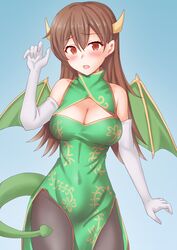  alternate_costume anti_(untea9) blue_background blush breasts brown_eyes brown_hair chinese_zodiac cleavage dragon_girl dragon_horns dragon_tail dragon_wings dress female gradient_background green_dress highres horns kantai_collection large_breasts long_hair ooi_(kancolle) pantyhose solo tail wings year_of_the_dragon 