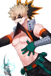  1boy abs armor bakugou_katsuki black_mask black_shirt blonde_hair bodysuit boku_no_hero_academia clothes_lift freckles gloves green_gloves green_hair highres long_sleeves male_focus midoriya_izuku mouth_hold muscular muscular_male navel nipples red_eyes seoltang_(nitro_sugar) shirt shirt_lift short_hair solo spiked_hair stomach teeth 