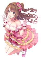  bare_shoulders blurry blush bow breasts brown_eyes brown_hair choker cleavage collarbone depth_of_field detached_sleeves dot_nose dress dress_bow female floating_hair flower from_above gloves hair_flower hair_ornament hairbow hands_up high_heels idolmaster idolmaster_cinderella_girls idolmaster_cinderella_girls_starlight_stage layered_dress long_hair looking_at_viewer medium_breasts one_side_up open_mouth pink_bow pink_choker pink_dress pink_footwear pink_gloves pink_sleeves red_ribbon ribbon rose shimamura_uzuki simple_background smile socks solo strapless strapless_dress striped striped_bow teeth u_rin upper_teeth_only w white_background white_socks yellow_flower yellow_rose 