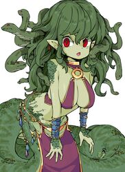  arm_wrap armlet breasts colored_skin commentary dangle_earrings dated_commentary earrings female frfr gold_trim green_hair green_scales green_skin harem_outfit highres jewelry lamia large_breasts loincloth long_hair looking_at_viewer monster_girl oerba_yun_fang open_mouth original pointy_ears red_eyes revealing_clothes simple_background sleeveless slit_pupils snake_hair solo surprised white_background 