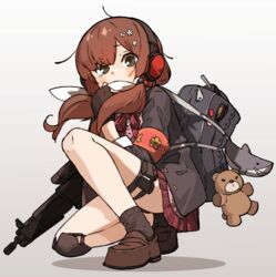  amonitto armband arms_up assault_rifle bag bow bowtie brown_footwear brown_hair covering_own_mouth female flower girls&#039;_frontline gradient_background green_eyes grey_jacket gun hair_bobbles hair_flower hair_ornament holding holding_gun holding_weapon holster howa_type_89 howa_type_89_(girls&#039;_frontline) jacket knee_pads loafers long_hair long_sleeves looking_at_viewer miniskirt red_skirt rifle school_bag shoes single_knee_pad skirt solo stuffed_animal stuffed_shark stuffed_toy teddy_bear thigh_holster twintails weapon 