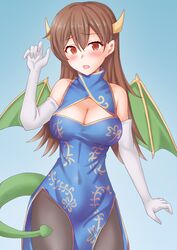  alternate_costume anti_(untea9) blue_background blue_dress blush breasts brown_eyes brown_hair chinese_zodiac cleavage dragon_girl dragon_horns dragon_tail dragon_wings dress female gradient_background highres horns kantai_collection large_breasts long_hair ooi_(kancolle) pantyhose solo tail wings year_of_the_dragon 