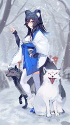  absurdres animal animal_ears bare_tree black_hair blue_eyes blue_nails blush breasts commentary eyeliner fang_out female fox fox_ears fox_girl hand_on_own_hip highres japanese_clothes long_hair looking_at_viewer makeup murechika oerba_yun_fang original revision smile snow snowing solo stone_lantern thighhighs tree white_thighhighs winter zettai_ryouiki 