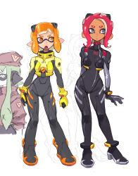  3girls absurdres agent_3_(splatoon) agent_4_(splatoon) agent_8_(splatoon) alternate_costume breasts dark-skinned_female dark_skin green_hair grey_eyes highres inkling inkling_girl inkling_player_character long_hair mecha_pilot_suit medium_breasts medium_hair multiple_girls octoling octoling_girl octoling_player_character open_mouth orange_eyes orange_hair orisghost pink_hair pointy_ears simple_background splatoon_(series) splatoon_1 splatoon_2 splatoon_2:_octo_expansion tentacle_hair white_background 