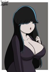  1girls :o aged_up bangs big_breasts black_hair breasts busty cleavage clothing goth goth_girl grey_skin hair_over_eyes hips huge_breasts large_breasts long_hair low_cut_top lucy_loud motion_lines older solo solo_female solo_focus the_loud_house thegreatgreninja thick_thighs v-neck very_long_hair 