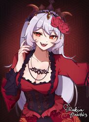  artist_name blush breasts cleavage commission dress fangs female grey_hair highres large_breasts long_hair looking_at_viewer open_mouth original red_dress red_eyes red_nails rukiadaichi smile solo teeth upper_teeth_only 