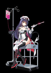  armband belt black_choker black_footwear boots breasts choker cleavage closers coat crying_emoji dagger dress emoji eunha_(closers) fake_horns female gloves green_eyes grin halter_dress halterneck hand_up hat highres holding holding_dagger holding_knife holding_weapon horns intravenous_drip knee_boots knife long_hair long_sleeves looking_at_viewer medium_breasts no_panties non-web_source official_art open_clothes open_coat peaked_cap pelvic_curtain purple_hair shaded_face short_dress sitting skindentation sleeveless sleeveless_dress smile solo spaghetti_strap tail thighhighs thighs two-tone_dress two-tone_thighhighs weapon white_coat white_dress white_gloves white_hat white_thighhighs wing_collar 