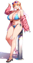  bikini blonde_hair blue_bikini blue_nails bollard breasts choker commentary_request cross cross_earrings curvy earrings eyewear_on_head female frilled_bikini frills full_body green_eyes high_heels highres huge_breasts jacket jewelry long_hair looking_at_viewer moto_inkya_no_kyonyuu_yariman_imouto_ga_erosugite_onii-chan_wa_mou...!! nail_polish natsuki_(bookworm_little_sister) open_clothes open_jacket open_mouth pink_jacket sandals smile solo string_bikini swimsuit toenail_polish toenails tsukumiya_amane twintails v white_background 