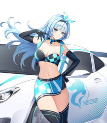  arm_up bandeau bare_shoulders black_gloves black_shirt black_thighhighs blue_eyes blue_hair blue_skirt bow bowtie breasts car choker cleavage closed_mouth closers cowboy_shot crop_top cropped_vest elbow_gloves female floating_hair frown gloves hairband highres large_breasts long_hair looking_at_viewer midriff miniskirt motor_vehicle navel non-web_source official_art open_clothes open_vest race_queen race_vehicle racecar shirt side_slit skirt solo standing stomach strapless thighhighs thighs tube_top v-shaped_eyebrows vest violet_(closers) white_vest wing_collar zettai_ryouiki 