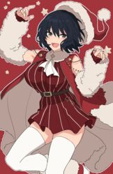  :d absurdres arm_warmers ascot bad_link belt black_hair boots chorefuji commentary_request dress female fur-trimmed_boots fur_trim happy hat highres jewelry medium_hair open_mouth original outline red_background red_dress red_footwear red_hat ring santa_hat sleeveless smile solo star_(symbol) thighhighs tongue white_ascot white_thighhighs 