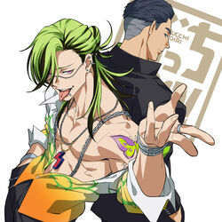  2boys abs bracelet bucchigiri?! butterfly_tattoo chain_necklace chains collarbone copyright_name ear_piercing gakuran green_hair hair_bun half_updo highres jewelry jin_marito long_hair looking_at_another male_focus mouth_piercing multicolored_hair multiple_boys multiple_piercings necklace off_shoulder outa_tahide piercing pink_eyes school_uniform spiked_ear_piercing streaked_hair talgi tattoo toned toned_male tongue tongue_out undercut 