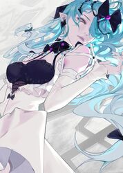  abstract_background aqua_hair bare_shoulders black_bow black_bowtie black_bra bow bowtie bra breasts chinese_commentary commentary cross-laced_clothes cross-laced_dress detached_collar detached_sleeves diamond_(shape) dress dress_bow earrings female forehead hairbow highres jewelry long_hair looking_to_the_side lying medium_breasts on_back pale_skin path_to_nowhere picture_frame pointy_ears purple_lips serpent_(path_to_nowhere) slit_pupils solo spaghetti_strap swept_bangs underwear very_long_hair wavy_hair white_dress white_sleeves yellow_eyes zhuling 