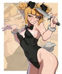  absurdres alternate_costume animal_ears black_bow black_bowtie blonde_hair blood blood_on_face blunt_bangs boku_no_hero_academia border bow bowtie breasts cleavage double_bun english_commentary fake_animal_ears female fur_bracelet hair_bun hands_up highres holding holding_knife knife oerba_yun_fang playboy_bunny porqueloin rabbit_ears rabbit_tail shiny_skin smile tail toga_himiko white_border 