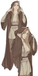  absurdres belt blonde_hair blue_eyes breasts brown_cloak cleavage cloak commentary female genderswap_(mtf) highres holding_hood hood hooded_cloak jedi kkulgae_(mary0205) multiple_views obi-wan_kenobi rule_63 star_wars symbol-only_commentary 