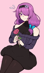  absurdres bare_shoulders black_hairband black_pantyhose black_skirt black_sweater blush breasts butterfly_hair_ornament cleavage closed_mouth commission female flower flying_sweatdrops hair_ornament hairband highres holding holding_flower large_breasts long_hair looking_at_viewer mole mole_under_eye original pantyhose purple_eyes purple_hair red_flower red_rose rose skirt smile solo sweater the_scarlet_devil 