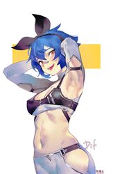  armpits arms_behind_head arms_up bandaid bandaid_on_face bandaid_on_nose black_camisole black_hairband black_ribbon blue_hair blush borrowed_character breasts bright_pupils brown_eyes camisole character_name clothing_cutout cowboy_shot crop_top dif_(difman) eyes_visible_through_hair female groin hair_between_eyes hair_ribbon hairband highres hip_vent liren44 long_sleeves looking_at_viewer medium_breasts midriff mole mole_under_eye navel open_mouth original presenting_armpit ribbon short_hair shorts shrug_(clothing) smile solo spaghetti_strap standing twitter_username white_background white_pupils white_shorts white_shrug 