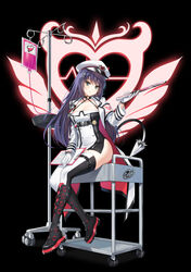  armband belt black_choker black_footwear boots breasts choker cleavage closed_mouth closers coat crying_emoji dagger dress emoji eunha_(closers) fake_horns female gloves green_eyes halter_dress halterneck hand_up hat highres holding holding_dagger holding_knife holding_weapon horns intravenous_drip knee_boots knife long_hair long_sleeves looking_at_viewer medium_breasts no_panties non-web_source official_art open_clothes open_coat peaked_cap pelvic_curtain purple_hair short_dress sitting skindentation sleeveless sleeveless_dress smile solo spaghetti_strap tail thighhighs thighs two-tone_dress two-tone_thighhighs weapon white_coat white_dress white_gloves white_hat white_thighhighs wing_collar 