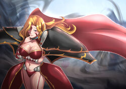  arm_under_breasts armor bikini_armor blonde_hair blue_eyes blush boobplate breasts cape cleavage cowboy_shot facial_mark female imelda_(langrisser) langrisser large_breasts long_hair looking_at_viewer mole mole_under_mouth pauldrons rinku_bny shoulder_armor solo standing thighs 