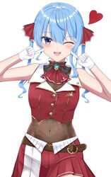  absurdres belt black_choker blue_eyes blue_hair blush breasts brown_belt choker cosplay covered_navel crop_top cropped_jacket female finger_to_cheek frilled_choker frills gloves hair_ribbon heart highres hiiragi_melt hololive hoshimachi_suisei houshou_marine houshou_marine_(1st_costume) houshou_marine_(cosplay) jacket leather_belt leotard leotard_under_clothes long_hair miniskirt one_eye_closed pleated_skirt red_jacket red_ribbon red_skirt ribbon skirt sleeveless sleeveless_jacket small_breasts smile star_(symbol) star_in_eye symbol_in_eye twintails virtual_youtuber white_background white_gloves 