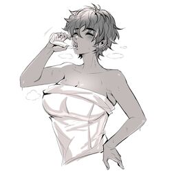  bare_shoulders bon_(vtuber) bottle breasts cleavage closed_eyes collarbone dark-skinned_female dark_skin drinking earrings female greyscale highres holding holding_bottle indie_virtual_youtuber jewelry large_breasts milk_bottle monochrome motion_lines naked_towel second-party_source short_hair solo steam sweat towel upper_body virtual_youtuber xenvita 