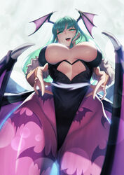  animal_print bare_shoulders bat_print bat_wings black_leotard blueorca breasts bridal_gauntlets cleavage clothing_cutout demon_girl female fur-trimmed_leotard fur_trim green_eyes green_hair head_wings heart_cutout highleg highleg_leotard highres large_breasts leotard long_hair looking_at_viewer morrigan_aensland open_mouth pantyhose print_pantyhose purple_pantyhose smile solo thick_thighs thighs vampire_(game) wings 