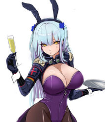  adapted_costume alternate_eye_color animal_ears black_gloves black_pantyhose blue_hair breasts champagne_flute cleavage cross_hair_ornament cup drinking_glass expressionless female girls&#039;_frontline gloves hair_ornament highres hk416_(girls&#039;_frontline) ichi_illust001 large_breasts leotard looking_at_viewer pantyhose playboy_bunny purple_leotard rabbit_ears solo white_background yellow_eyes 