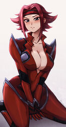  absurdres blue_eyes blush bodysuit breasts cleavage closed_mouth code_geass collarbone female headband highres kouzuki_kallen large_breasts looking_at_viewer parted_bangs red_bodysuit red_hair seiza short_hair sitting solo the_scarlet_devil 