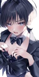  1boy black_bow black_bowtie black_hair black_jacket blush bow bowtie genshin_impact grey_eyes hair_between_eyes highres jacket looking_at_viewer ma_d_k_89 male_focus open_mouth otoko_no_ko playboy_bunny scaramouche_(genshin_impact) short_hair 