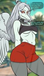  2024 amber_eyes anthro bottomwear breasts clothing crop_top dialogue digital_drawing_(artwork) digital_media_(artwork) dinosaur dizzy_weas english_text extinct eyelashes eyeliner fang_(gvh) feathered_wings feathers female goodbye_volcano_high greeting grey_body grey_scales hair hi_res long_hair looking_at_viewer makeup midriff navel prehistoric_species pterodactylus pterosaur reptile scales scalie shirt shorts silver_hair simple_background smile snout solo talking_to_viewer text topwear under_boob white_background wings 