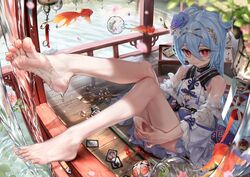  aqua_nails asymmetrical_legwear bare_legs barefoot blue_dress blue_hair blush closed_mouth commentary commission detached_sleeves double_bun dress english_commentary eyelashes feet feet_up female fish flower flying_fish foot_focus foreshortening full_body gold_trim goldfish hair_between_eyes hair_bun hair_flower hair_ornament highres hugging_own_legs knee_up knees_together_feet_apart leg_up legs long_hair long_sleeves looking_at_viewer mixed-language_commentary nail_polish original oriti4 outdoors own_hands_together qiya_(kia_098) red_eyes second-party_source sitting sleeveless sleeveless_dress soles solo toenail_polish toenails toes very_long_hair water wet wide_sleeves 