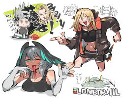  ! 6+girls ahoge arknights black_hair blonde_hair breasts character_request cleavage english_text genba_neko_(meme) ho&#039;olheyak_(arknights) ifrit_(arknights) jacket kristen_(arknights) long_tongue meme midriff muelsyse_(arknights) multicolored_hair multiple_girls open_mouth rosmontis_(arknights) saria_(arknights) saria_(stronghold)_(arknights) streaked_hair tank_top tirarizun tongue tongue_out yellow_eyes 