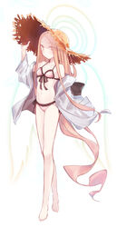  absurdres angel angel_notes angel_wings barefoot bikini black_ribbon blonde_hair commentary female forehead frills full_body halo hand_on_headwear hat highres jacket long_hair looking_at_viewer open_clothes open_jacket pink_bikini ribbon simple_background solo straw_hat swimsuit toes type-moon v/v very_long_hair white_background white_jacket wings yellow_eyes yubeshi_(zecxl) 