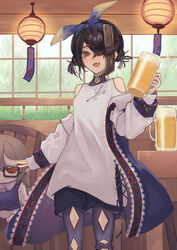  alcohol argyle_cutout beer beer_mug black_hair black_pantyhose black_shorts breasts brown_eyes character_doll clothing_cutout cup fate/grand_order fate_(series) female hair_over_one_eye hairband highres jacket long_sleeves looking_at_viewer mole mole_under_eye mug off_shoulder open_clothes open_jacket open_mouth pantyhose pantyhose_under_shorts roy_(roy_pomu) shirt short_hair short_twintails shorts shoulder_cutout small_breasts smile solo thighs twintails white_jacket white_shirt xu_fu_(event_portrait)_(fate) xu_fu_(fate) yu_mei-ren_(fate) 