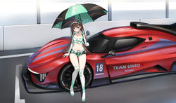  bare_shoulders belt boots breasts brown_hair car choker cleavage closed_mouth closers collarbone crop_top cropped_vest elbow_gloves eunha_(closers) female full_body gloves green_eyes hairband highres holding holding_umbrella le_mans_prototype long_hair looking_at_viewer micro_shorts midriff motor_vehicle navel non-web_source official_art open_clothes open_vest race_queen race_vehicle racecar shirt short_shorts shorts sitting sleeveless sleeveless_shirt small_breasts smile solo stomach thigh_boots thighs umbrella very_long_hair vest white_choker 