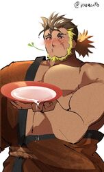  1boy ai_manato another_eidos-r bara bare_pectorals beard blonde_hair blush cowboy_shot cup drunk facial_hair full_beard hadanugi_dousa holding holding_cup japanese_clothes jinnosuke_(another_eidos) kimono large_pectorals male_focus mouth_hold multicolored_hair muscular muscular_male new_year orange_kimono pectorals sakazuki scar_on_head solo spilling stalk_in_mouth thick_beard thick_eyebrows two-tone_hair 