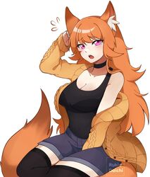  animal_ears artist_name black_thighhighs blue_shorts blush brown_hair commission denim denim_shorts female fox_ears fox_girl fox_tail freckles highres long_hair long_sleeves looking_at_viewer open_mouth original pink_eyes rukiadaichi shorts solo tail teeth thighhighs upper_teeth_only 