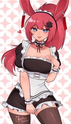  animal_ears artist_name blue_eyes blush breasts brown_thighhighs cleavage commission dangle_earrings earrings english_commentary female heart highres jewelry long_hair looking_at_viewer maid medium_breasts original ponytail puffy_short_sleeves puffy_sleeves rabbit_ears red_hair rukiadaichi short_sleeves smile solo thighhighs tongue tongue_out 