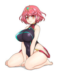  absurdres bare_shoulders barefoot between_legs blush breasts competition_swimsuit core_crystal_(xenoblade) covered_collarbone covered_navel covered_nipples drop_earrings earrings feichu_keju female hand_between_legs highleg highleg_swimsuit highres impossible_clothes jewelry large_breasts light_smile looking_at_viewer multicolored_clothes multicolored_swimsuit official_alternate_costume one-piece_swimsuit pyra_(pro_swimmer)_(xenoblade) pyra_(xenoblade) red_eyes red_hair short_hair solo swept_bangs swimsuit thick_thighs thighs tiara white_background xenoblade_chronicles_(series) xenoblade_chronicles_2 