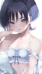  black_hair blue_ribbon bra female genderswap_(mtf) genshin_impact grey_bra grey_eyes hair_between_eyes highres looking_at_viewer ma_d_k_89 midriff open_mouth ribbon rule_63 scaramouche_(genshin_impact) short_hair solo stomach underwear 