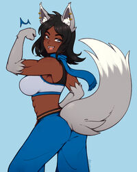  absurdres animal_ears arm_up ass black_hair blue_pants breasts commission dark-skinned_female dark_skin fangs female flexing grey_sports_bra highres large_breasts looking_at_viewer muscular muscular_female original pants short_hair solo sports_bra tail teeth the_scarlet_devil tongue wolf_ears wolf_girl wolf_tail 