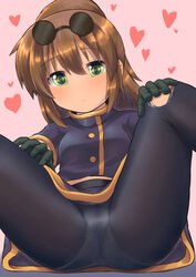  blush breasts brown_hair closed_mouth eyewear_on_head female gloves green_eyes highres long_hair looking_at_viewer m.m panties panties_under_pantyhose pantyhose ponytail precis_neumann skirt solo star_ocean star_ocean_the_second_story torn_clothes torn_pantyhose underwear 