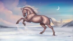  16:9 ambiguous_gender beesa breath brown_body cloud detailed_background equid equine female_(lore) feral hi_res hooves horse icelandic_horse mammal mane mary_(bloopertrooper) moon on_hind_legs pink_eyes plant purple_eyes quadruped shooting_star sky skyscape snow solo star tail tree unguligrade white_mane white_tail widescreen 