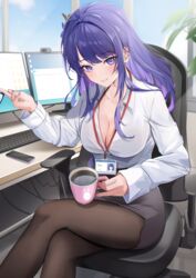  absurdres alternate_costume breasts brown_pantyhose cellphone chair cleavage closed_mouth coffee_mug collared_shirt commentary_request computer computer_keyboard contemporary crossed_legs cup desktop feet_out_of_frame female genshin_impact grey_skirt high-waist_skirt highres holding holding_cup id_card indoors lanyard large_breasts long_hair long_sleeves looking_at_viewer md5_mismatch mole mole_under_eye monitor mug multicolored_hair multiple_monitors office office_chair office_lady on_chair pantyhose partially_unbuttoned pencil_skirt phone print_mug purple_eyes purple_hair purple_nails raiden_shogun shirt shirt_tucked_in sitting skirt smartphone smile solo swivel_chair two-tone_hair webcam white_shirt yutoriko_(candy0905) 