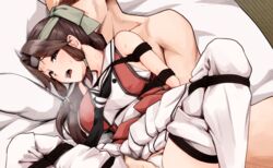  1boy blush bondage bondage bondage bound brown_eyes brown_hair elbow_gloves female gloves hair_intakes hanging headband heavy_breathing jintsuu_(kancolle) jintsuu_kai_ni_(kancolle) kantai_collection long_hair on_bed open_mouth school_uniform serafuku tadokoro_nurikabe 