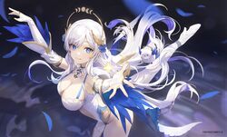  bird blue_eyes blue_feathers boots breasts bridal_gauntlets cleavage copyright_name dress feather-trimmed_sleeves feathers female halo hansum high_heel_boots high_heels highres hikanari_hina large_breasts long_hair official_art outstretched_arms outstretched_hand pelvic_curtain phase_connect pointy_ears solo sparkling_eyes virtual_youtuber white_bridal_gauntlets white_dress white_footwear white_hair wing_hair_ornament 