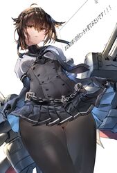  absurdres ahoge black_bodysuit black_headband black_sailor_collar black_skirt blush bodysuit brown_hair cameltoe chou-10cm-hou-chan_(hatsuzuki&#039;s) clothes_writing female hachimaki hair_between_eyes hair_flaps hatsuzuki_(kancolle) headband highres kantai_collection machinery open_mouth pleated_skirt retasu_(lactuca810) rigging sailor_collar school_uniform serafuku short_hair short_sleeves simple_background skirt solo turret white_background yellow_eyes 