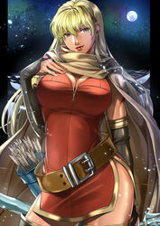  arrow_(projectile) belt belt_buckle black_gloves blonde_hair boots bow_(weapon) breasts brown_belt brown_cape buckle cape cleavage closed_mouth commentary contrapposto delsaber dress elbow_gloves female fingernails fire_emblem fire_emblem:_the_binding_blade full_moon gloves hair_between_eyes hand_on_own_chest highres holding holding_behind_back holding_bow_(weapon) holding_weapon igrene_(fire_emblem) large_breasts light_smile lips lipstick long_fingernails long_hair looking_at_viewer makeup mole mole_under_eye moon night outside_border pillarboxed quiver red_dress red_lips side_slit solo star_(sky) thigh_boots thighs weapon yellow_eyes zettai_ryouiki 